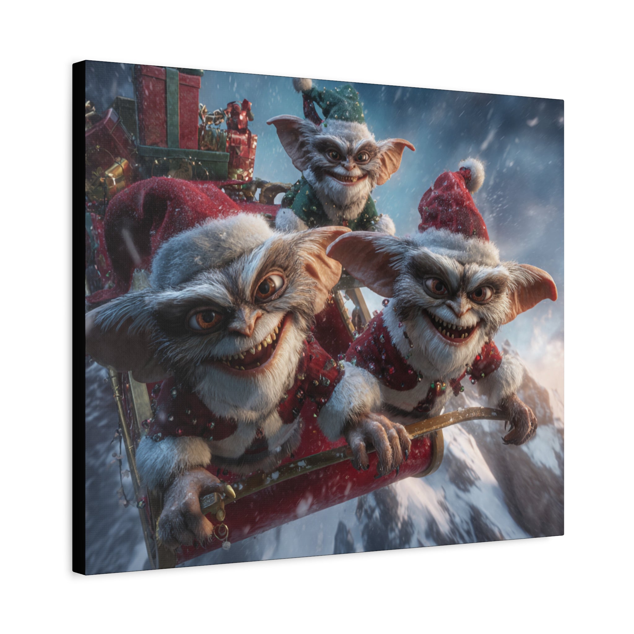 Holiday Gremlin Canvas Print — Festive Mischievous Gremlins in Sleigh