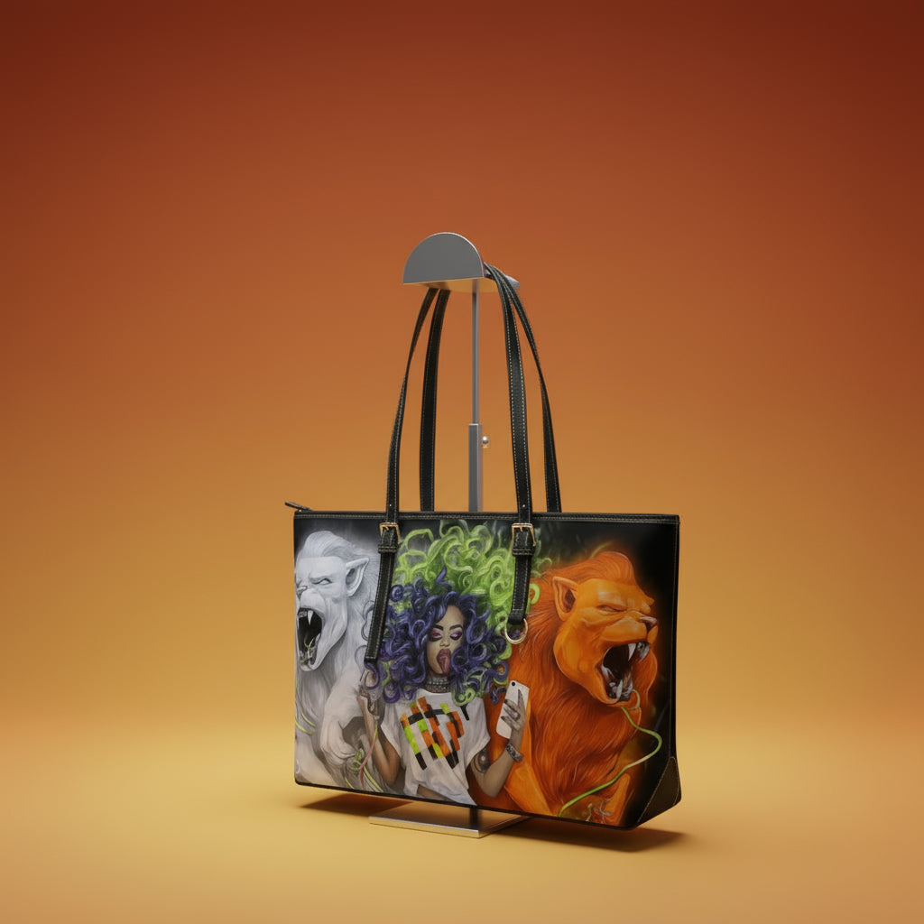 Tote bag with a design of a woman with colorful hair and two roaring lions on a white background
