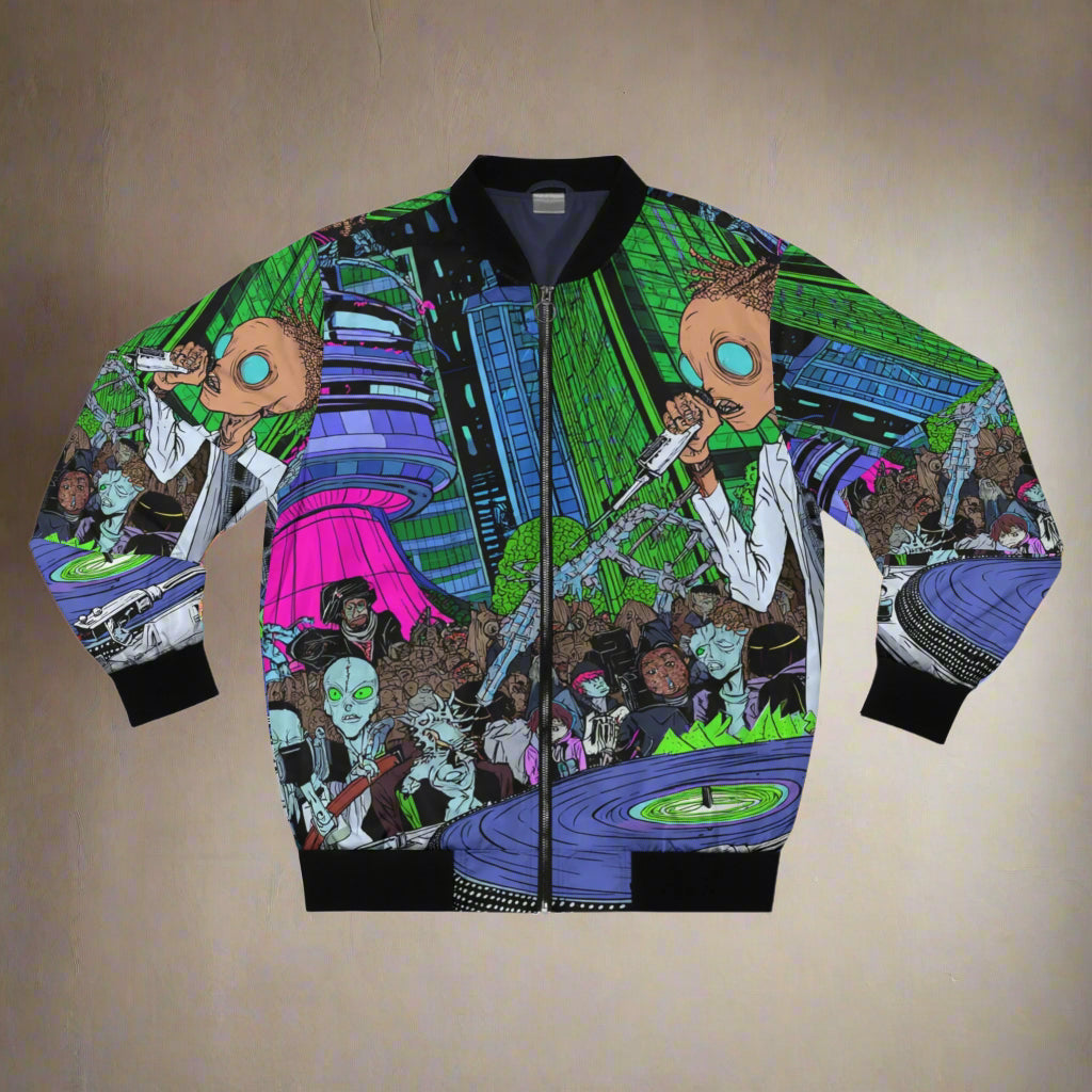 Funky Alien DJ Bomber Jacket, Urban Style, Streetwear Fashion, Perfect Gift for Music Lovers, Casual Outfits, Trendy Outerwear