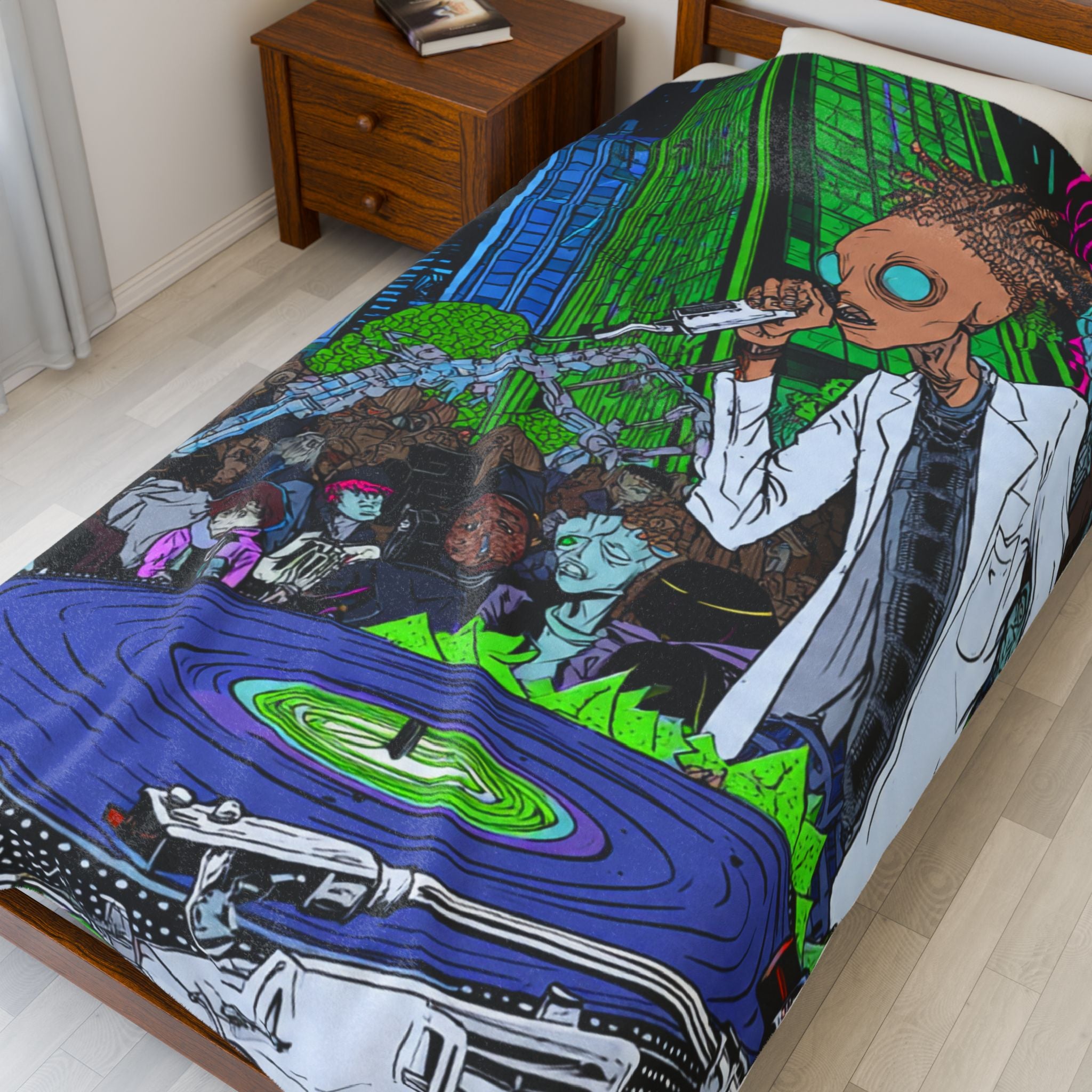 Urban Alien DJ Nightlife Velveteen Blanket | Cozy Home Decor, Music Lover Gift, Festival Vibes, Lounge Essential, Unique Wall Art