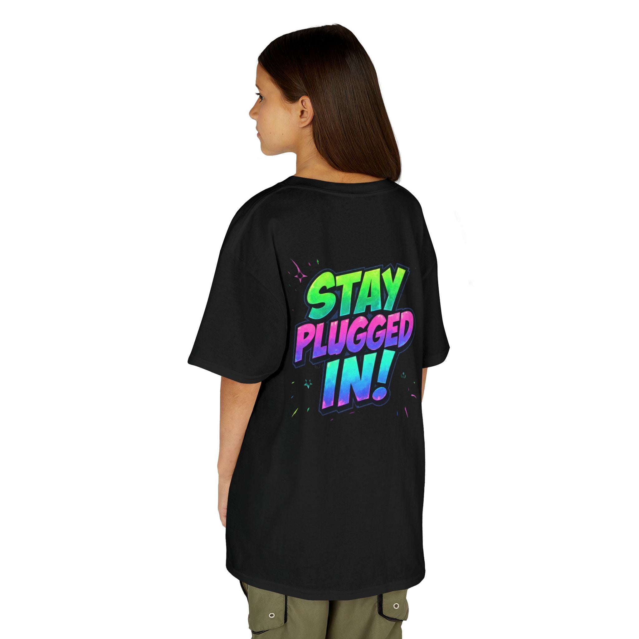 Kids Tee — 'Plugz' Cartoon Monster Front + "Stay Plugged In!" Neon Back