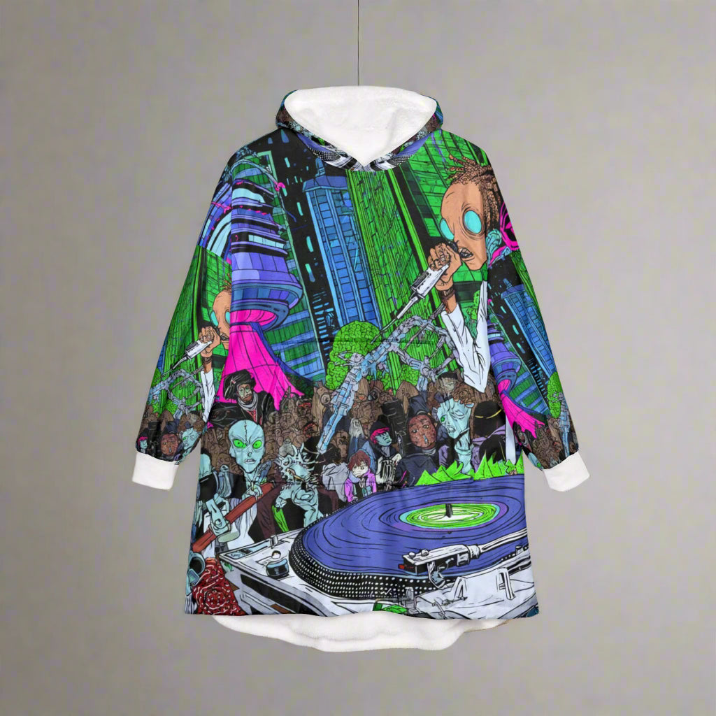 Vibrant Alien DJ Unisex Hooded Blanket, Cozy Concert Wear, Music Festival Gift, Funky Home Decor, Unique Lounge Apparel, Chill Vibes