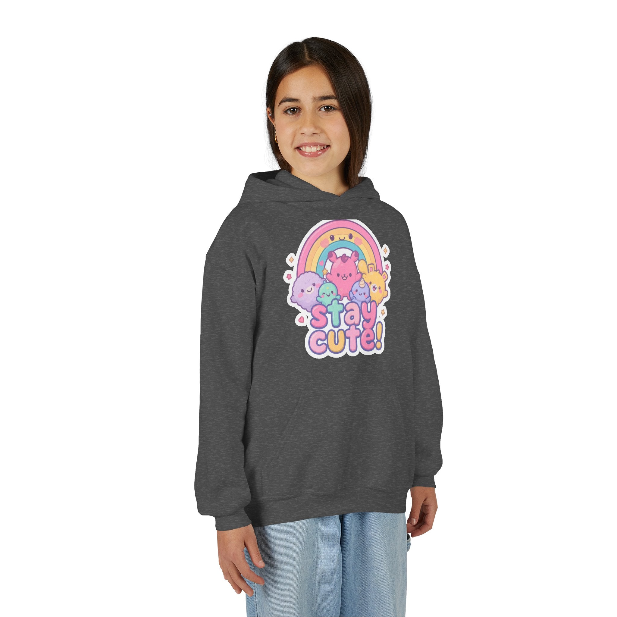 Youth Hoodie — 'Stay Cute!' Pastel Rainbow Kawaii Graphic