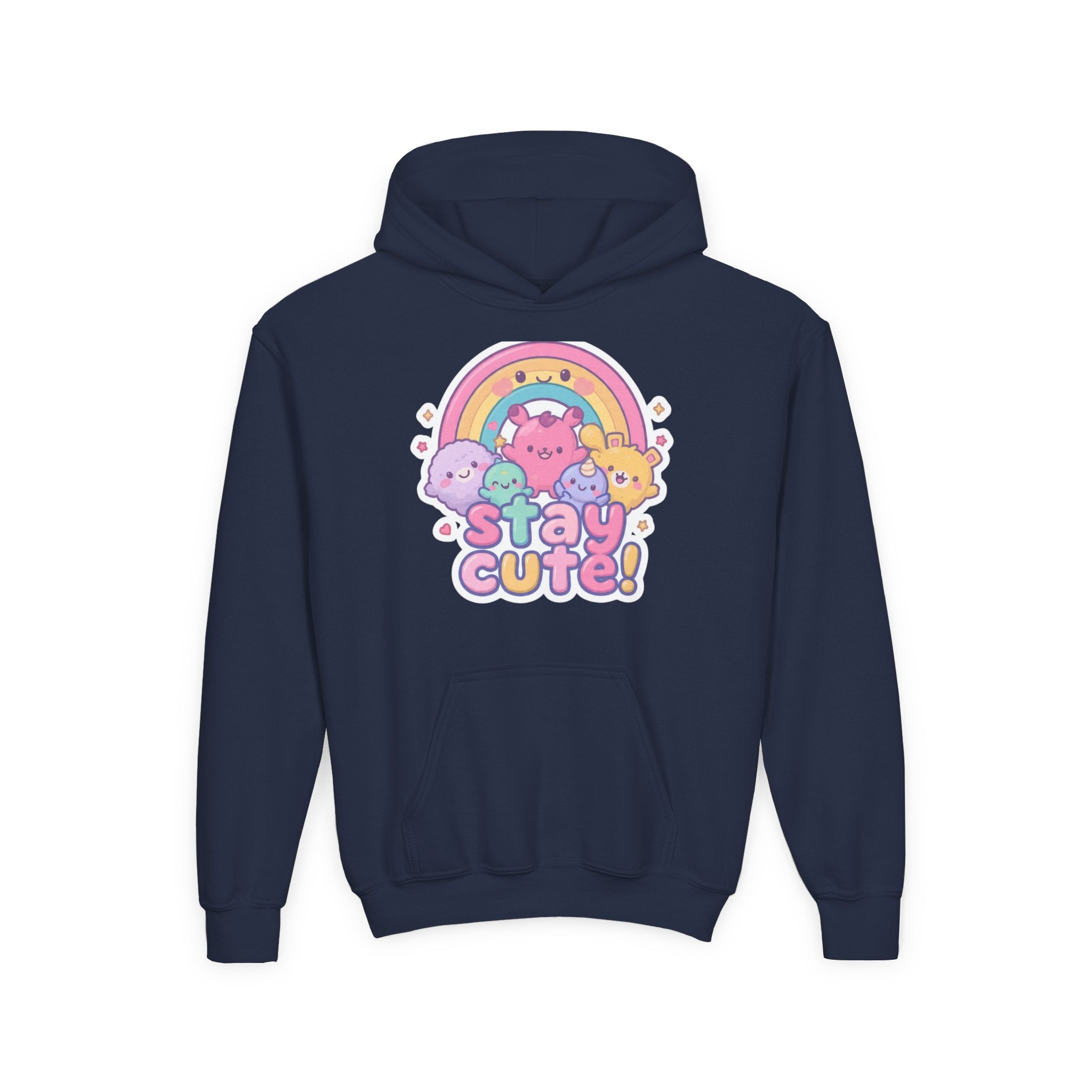 Youth Hoodie — 'Stay Cute!' Pastel Rainbow Kawaii Graphic