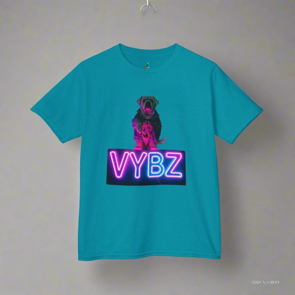 VYBZ Kids Graphic Tee, Neon Dog Shirt, Fun Casual Wear, Birthday Gift, Cool Kids Apparel, Summer Vacation Top
