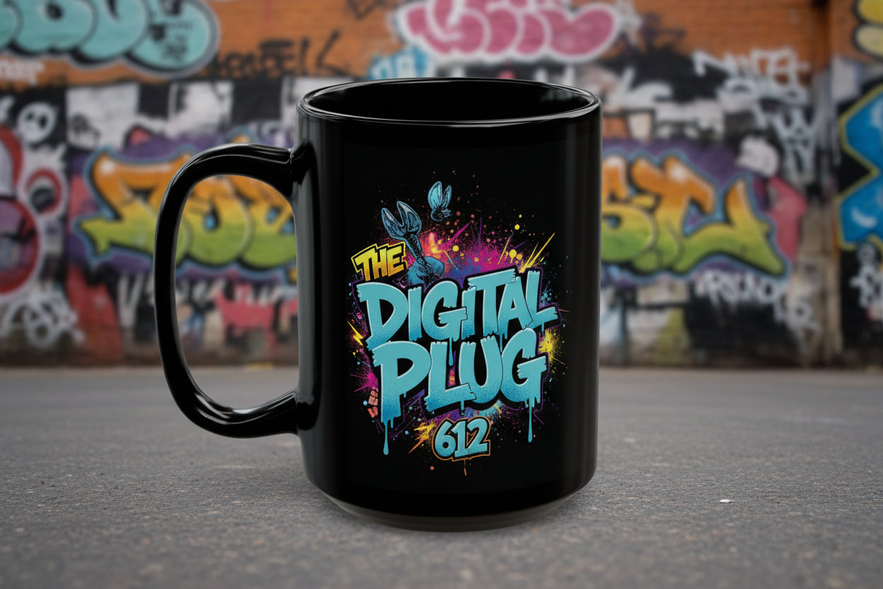 Digital Plug 612 Black Mug — Neon Gamer Logo Coffee Cup (11oz/15oz)