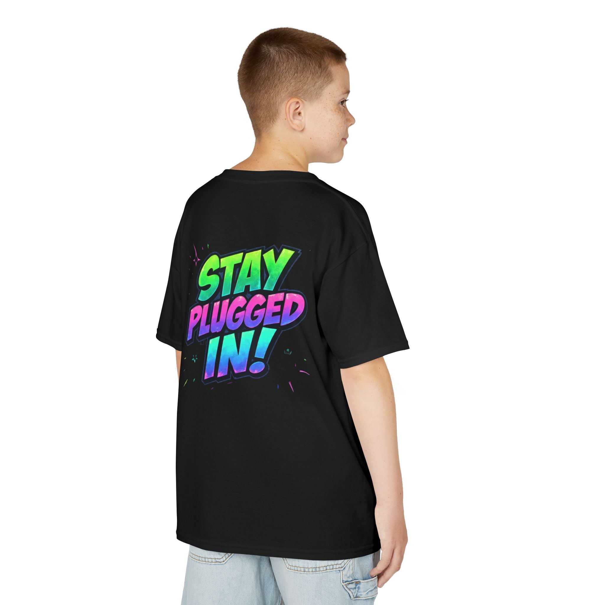 Kids Tee — 'Plugz' Cartoon Monster Front + "Stay Plugged In!" Neon Back