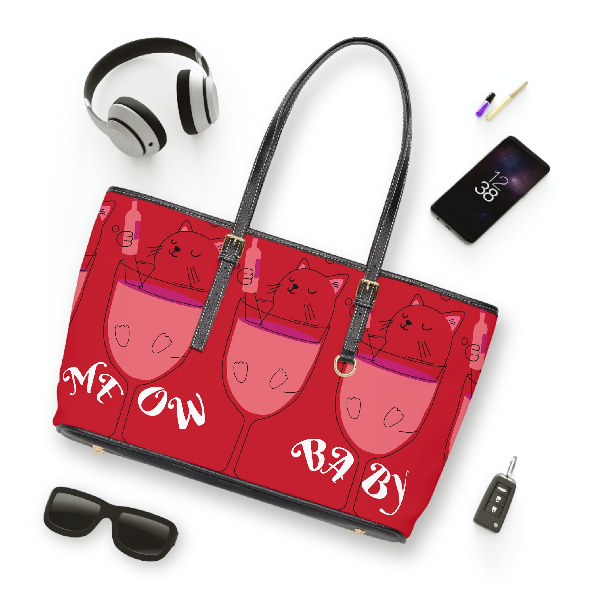 VYBZ Quirky Cat-Themed Shoulder Bag, Cat Lover Tote, Gift for Cat Enthusiasts, Trendy Purse for Parties, Fun Bag for Wine Lovers