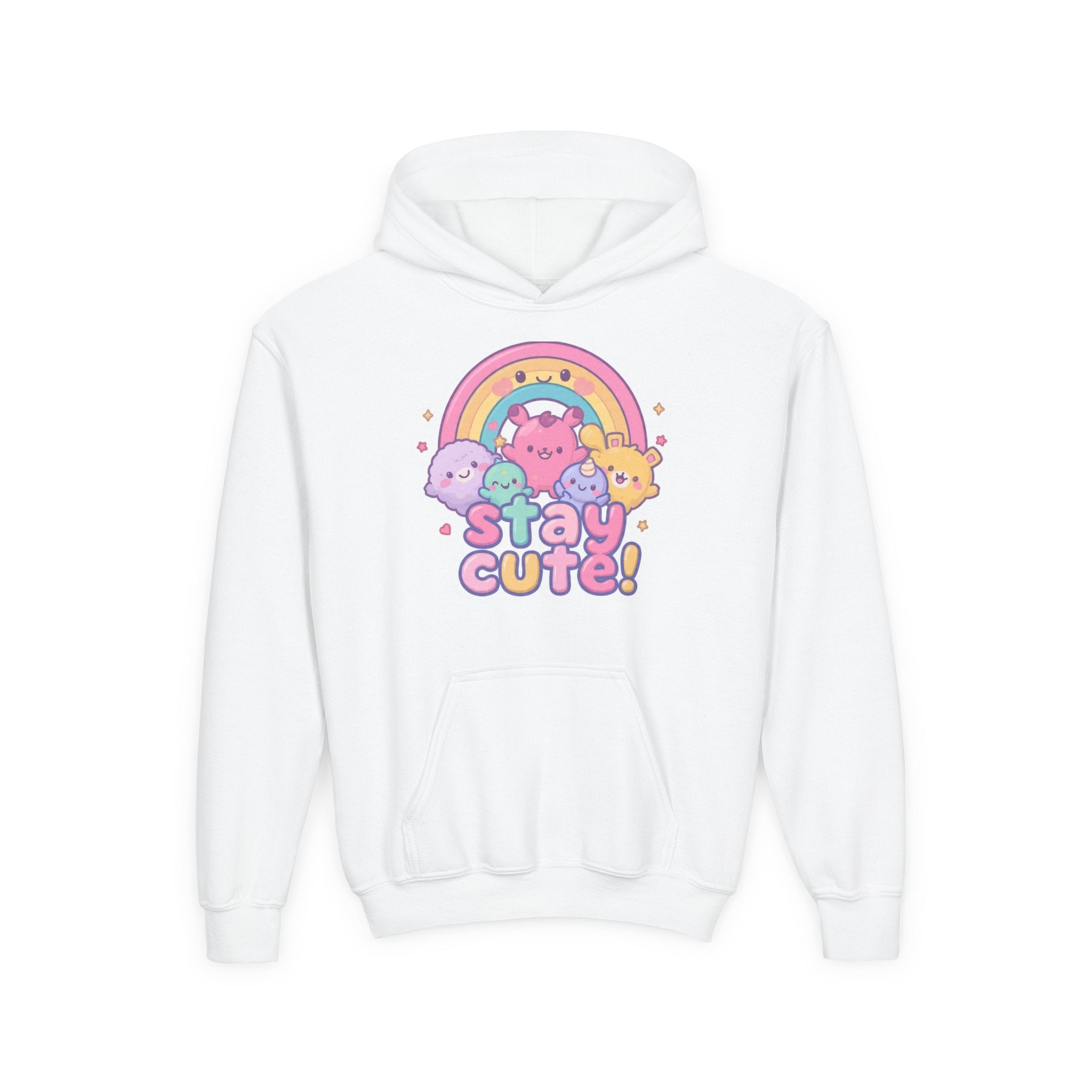 Youth Hoodie — 'Stay Cute!' Pastel Rainbow Kawaii Graphic