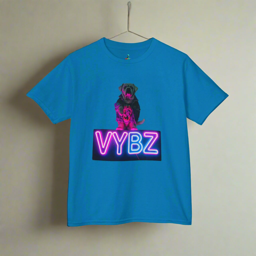 VYBZ Kids Graphic Tee, Neon Dog Shirt, Fun Casual Wear, Birthday Gift, Cool Kids Apparel, Summer Vacation Top