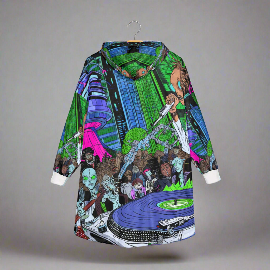 Vibrant Alien DJ Unisex Hooded Blanket, Cozy Concert Wear, Music Festival Gift, Funky Home Decor, Unique Lounge Apparel, Chill Vibes