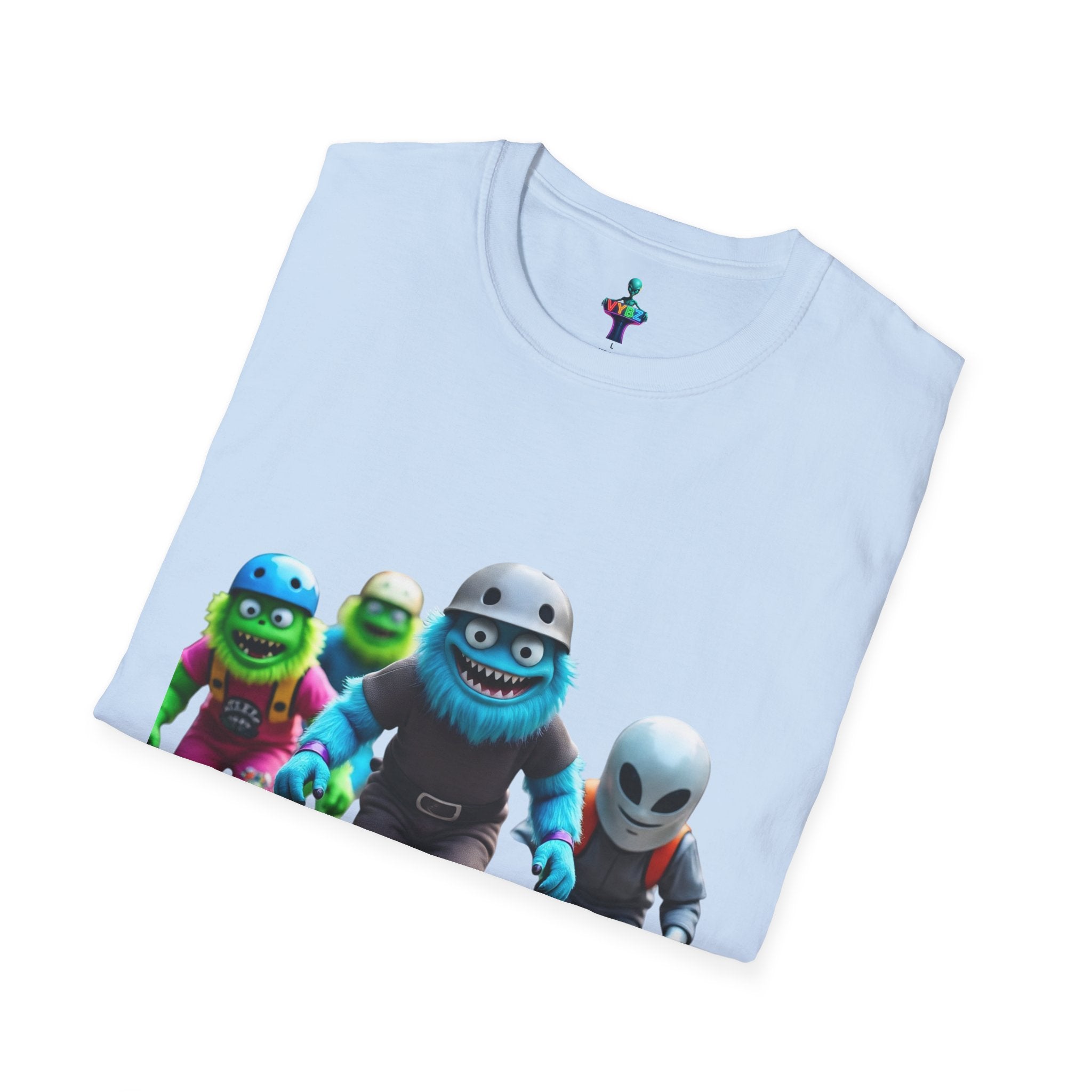 VYBZ Playful Cartoon Retro Skater T-Shirt, Fun Streetwear, Unisex Tee for Kids and Adults, Summer Outfits, Gift for Skateboarding Enthusiasts