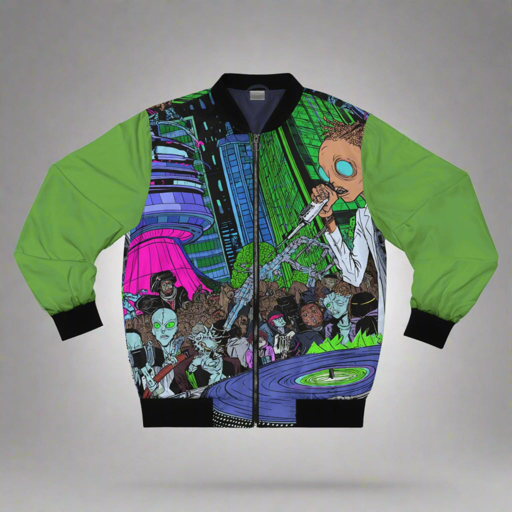 Alien DJ Men's Bomber Jacket, Urban Fashion, Statement Piece, Gift for Music Lovers, Vibrant AOP Design, Streetwear