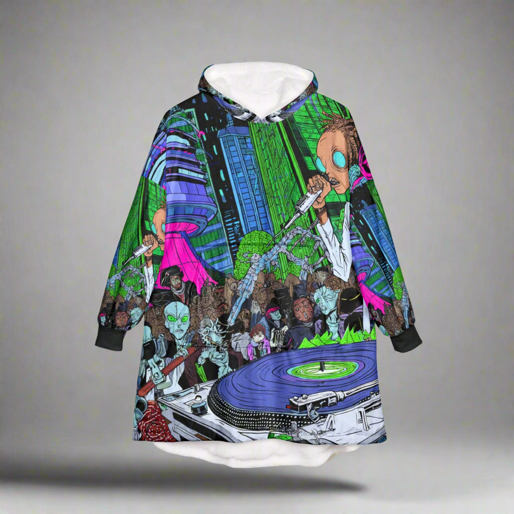 Vibrant Alien DJ Unisex Hooded Blanket, Cozy Concert Wear, Music Festival Gift, Funky Home Decor, Unique Lounge Apparel, Chill Vibes