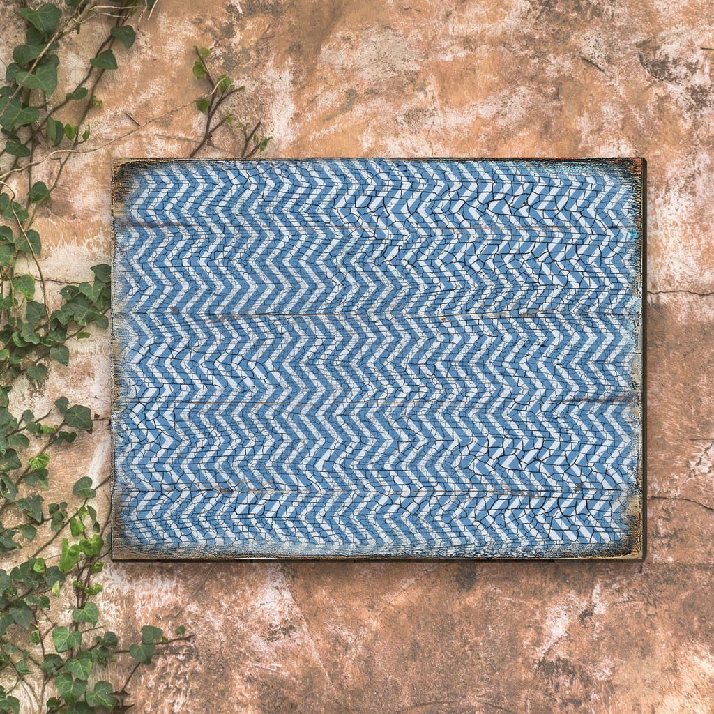 Blue Chevron Stripes Rustic Wooden Wall Art by G. DeBrekht - Floral Ornamental Decor - 95009B-1
