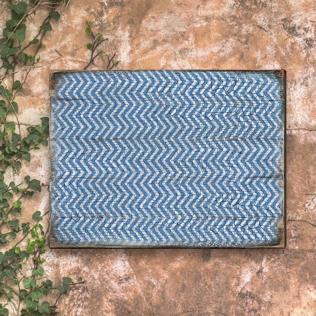Blue Chevron Stripes Rustic Wooden Wall Art by G. DeBrekht - Floral Ornamental Decor - 95009B-1
