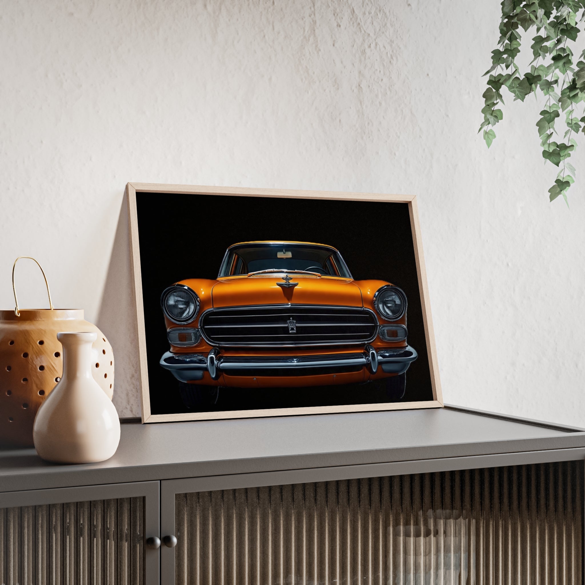 Classic Car Art Poster with Wooden Frame, Vintage Auto Decor, Gift for Car Lovers, Retro Wall Art, Home & Office Decoration