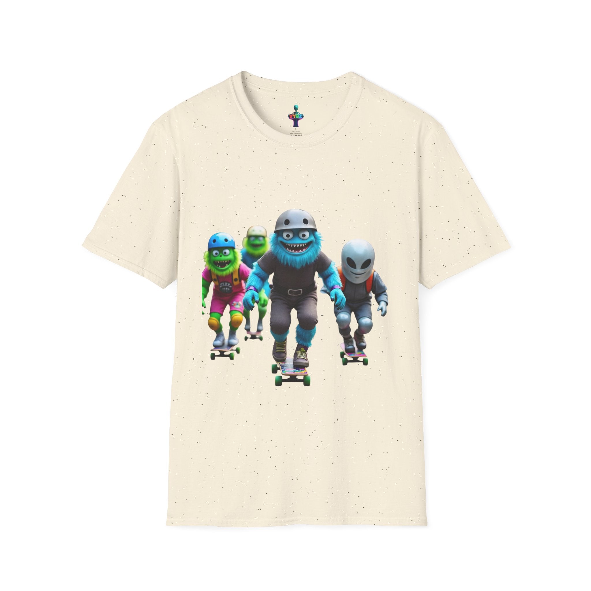 VYBZ Playful Cartoon Retro Skater T-Shirt, Fun Streetwear, Unisex Tee for Kids and Adults, Summer Outfits, Gift for Skateboarding Enthusiasts