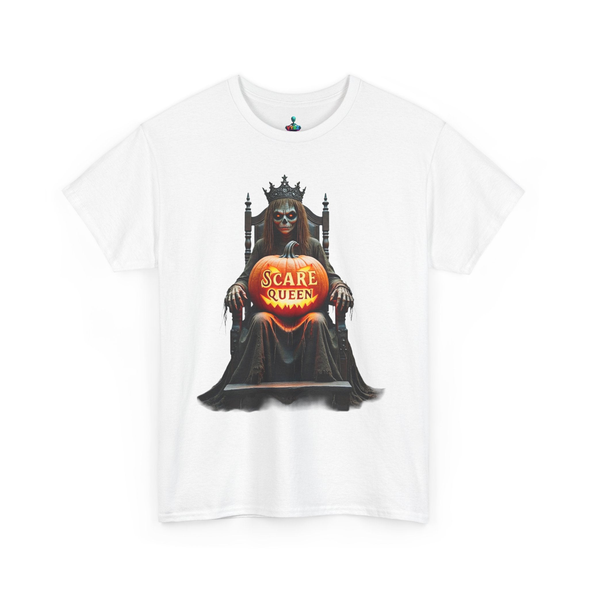 VYBZ Scare Queen Unisex Heavy Cotton Tee, Halloween T-Shirt, Horror Movie Fan Apparel, Gothic Fashion, Spooky Gift