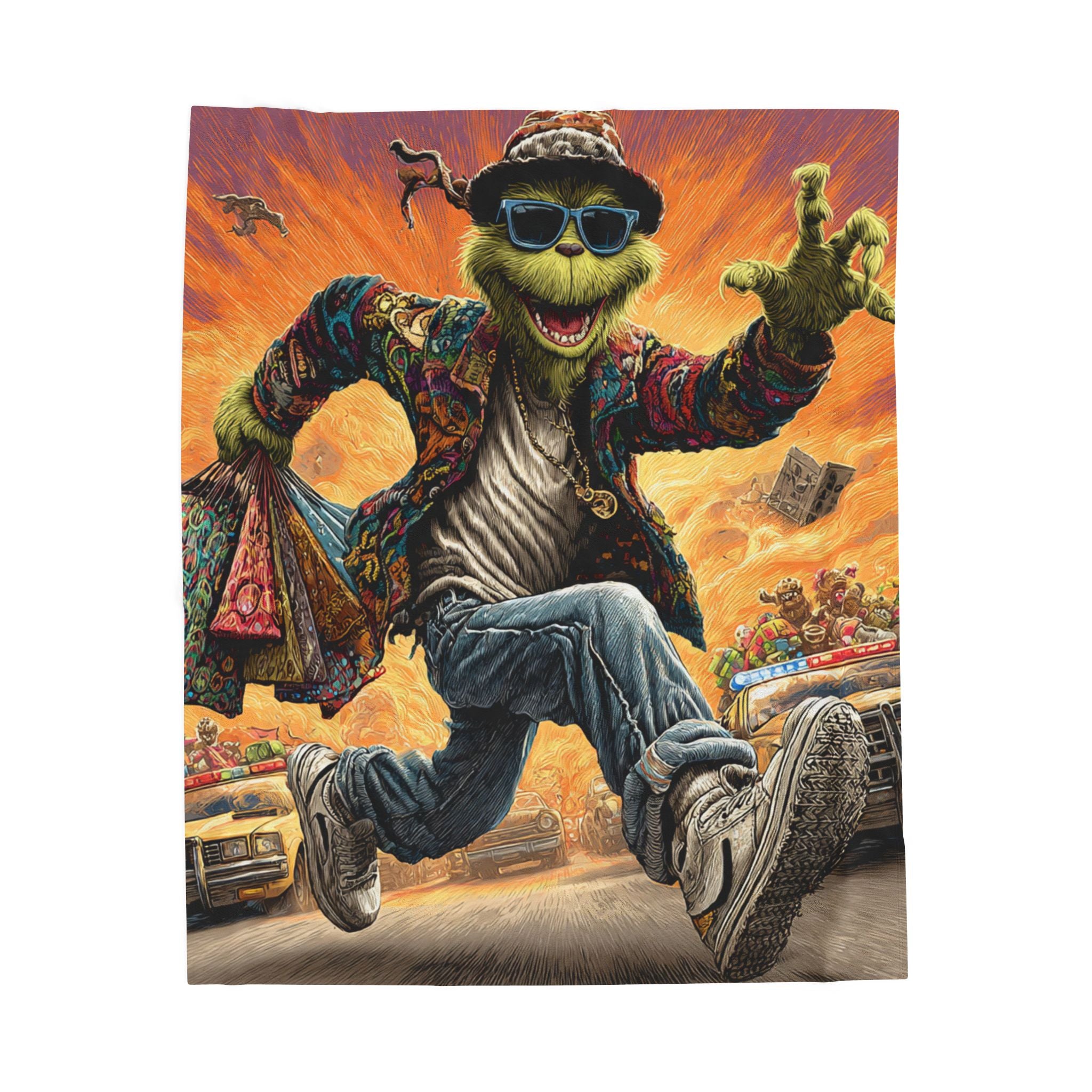 Groovy Grinch Velveteen Plush Blanket – Retro Street-Style Holiday Throw