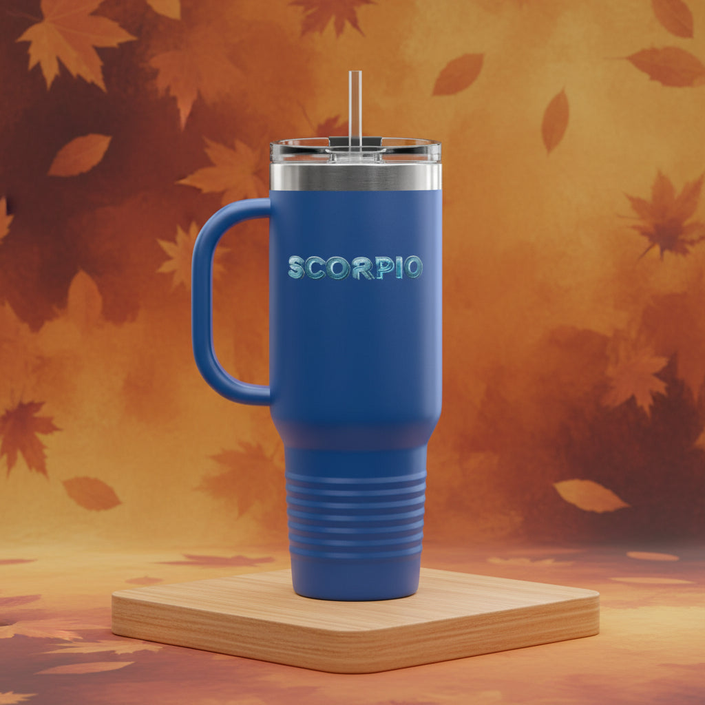 Blue mug with 'SCORPIO' text on a white background