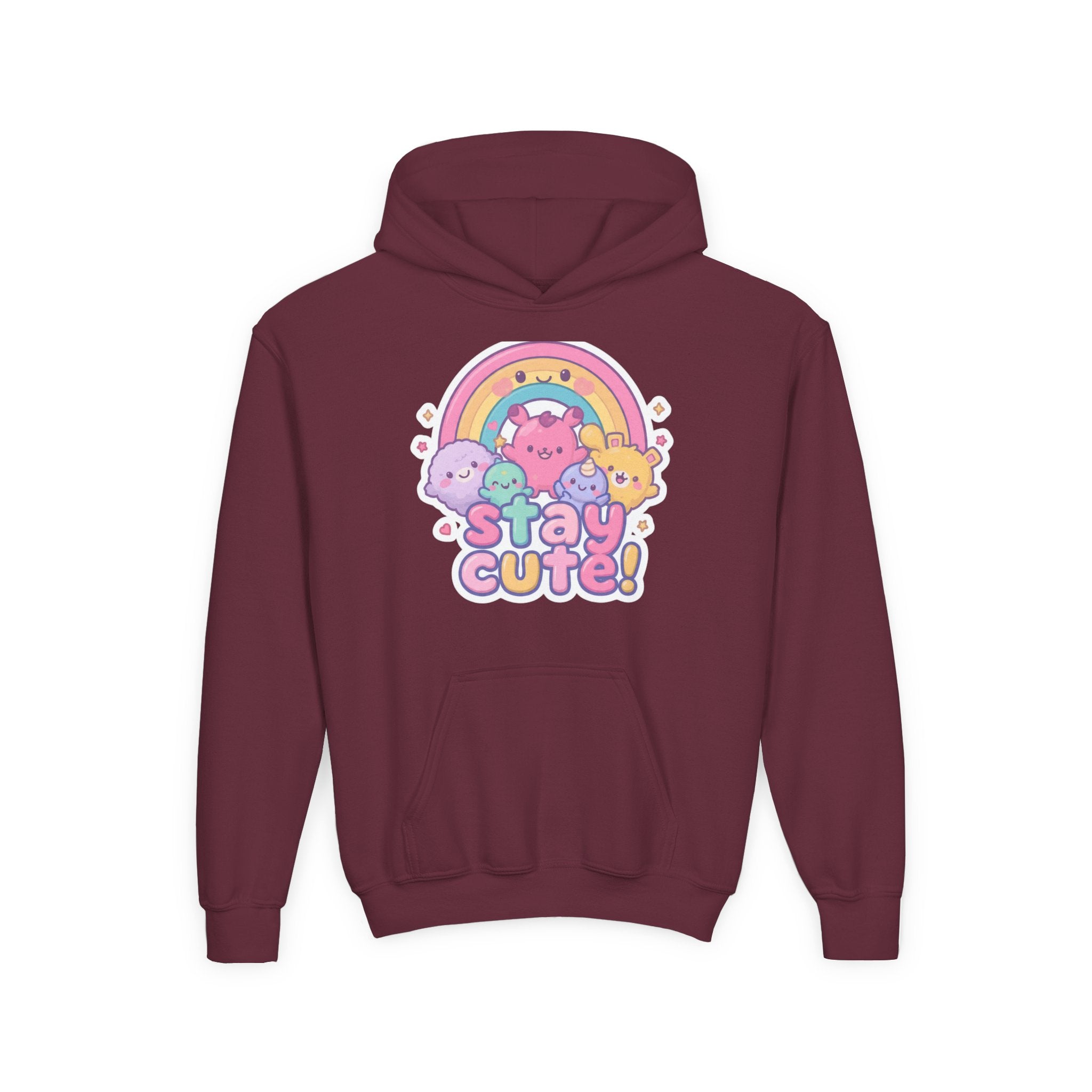 Youth Hoodie — 'Stay Cute!' Pastel Rainbow Kawaii Graphic