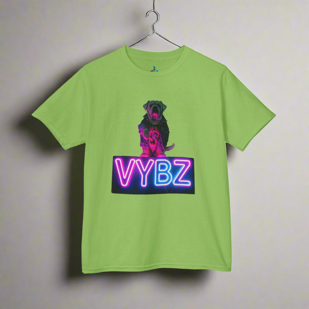 VYBZ Kids Graphic Tee, Neon Dog Shirt, Fun Casual Wear, Birthday Gift, Cool Kids Apparel, Summer Vacation Top