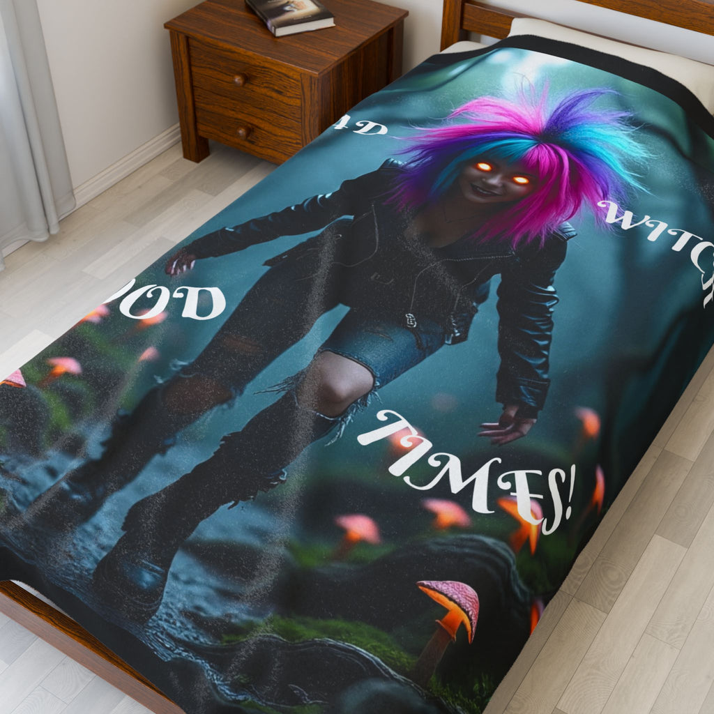 Bad Witch Good Times Velveteen Plush Blanket, Cozy Throw for Halloween, Witch Decor, Gothic Home, Gift for Spooky Lovers