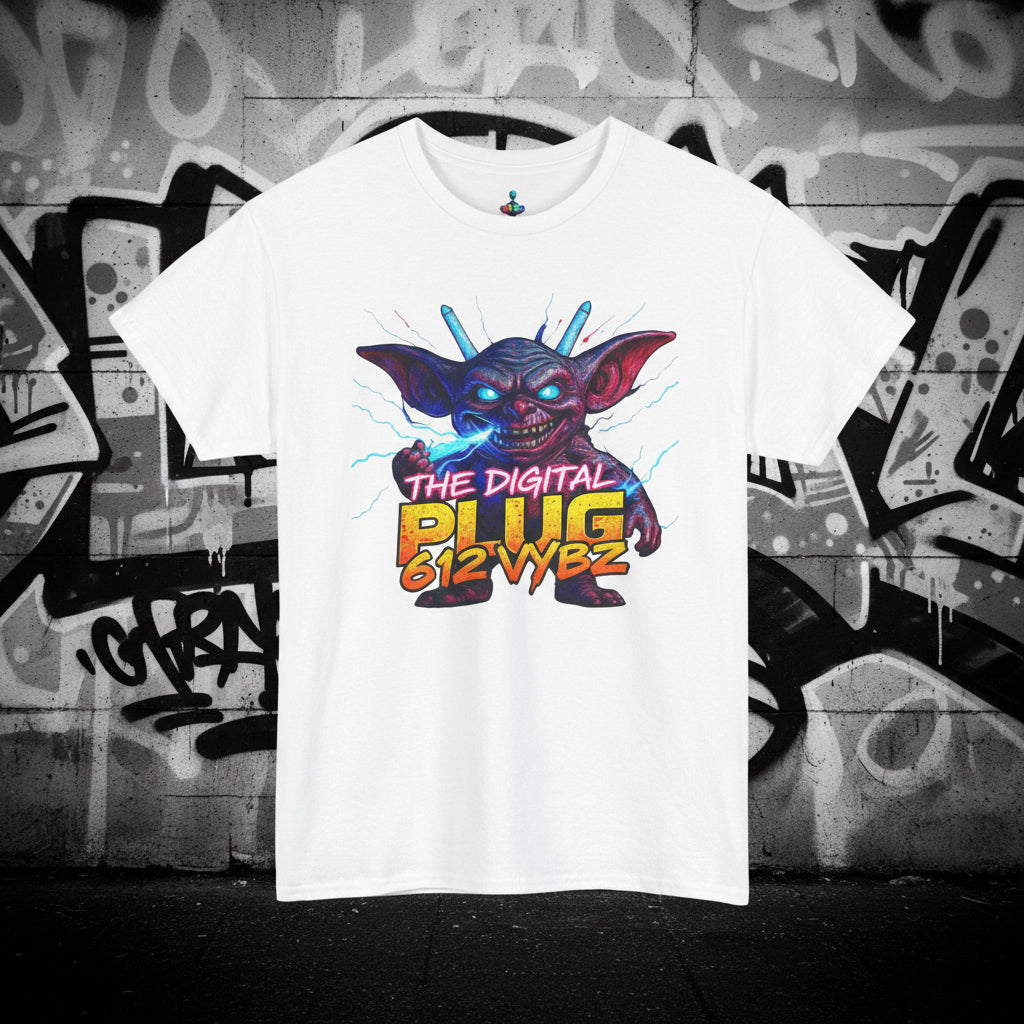 White t-shirt with a colorful graphic of a character and text 'The Digital Plug 812 WYBZ' on a white background