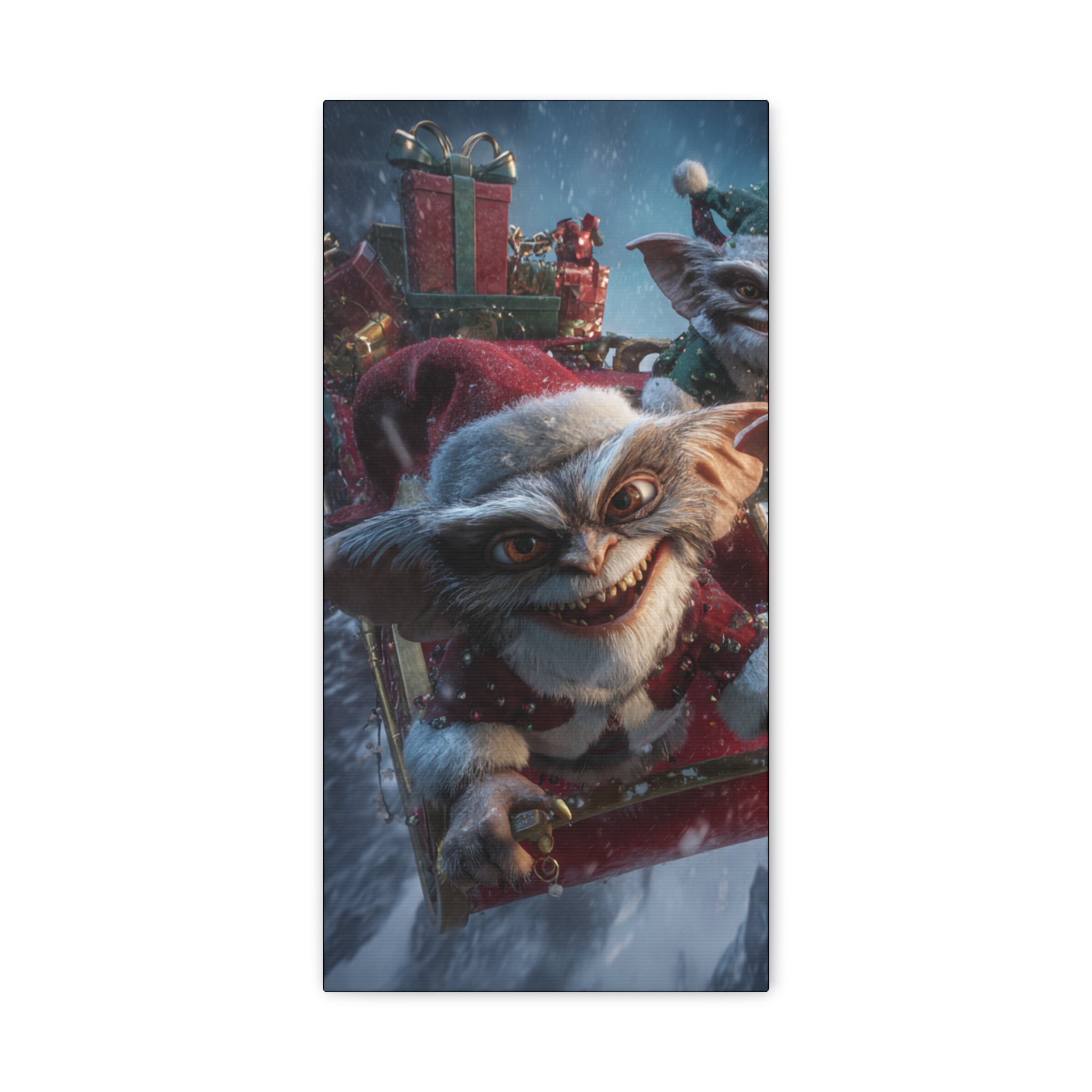 Holiday Gremlin Canvas Print — Festive Mischievous Gremlins in Sleigh