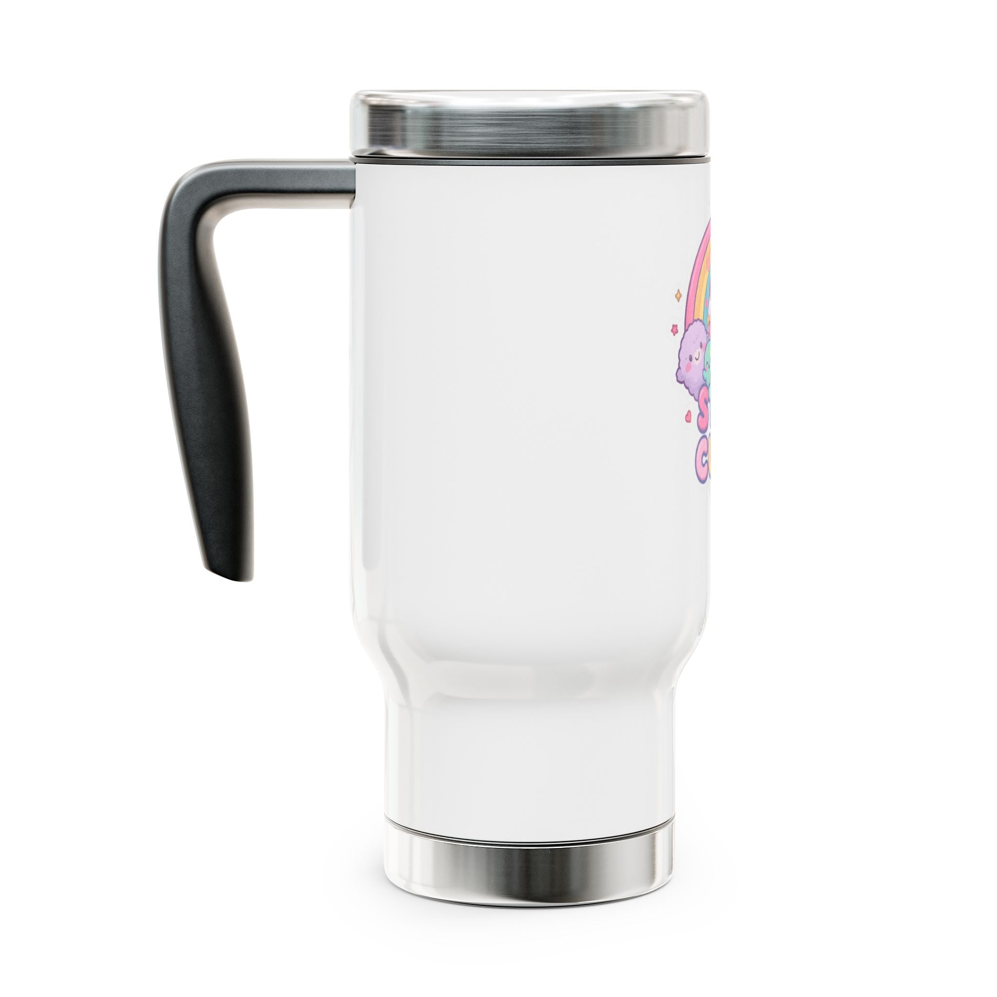 Stay Cute! Rainbow Kawaii Travel Mug — 14oz Stainless Steel with Handle