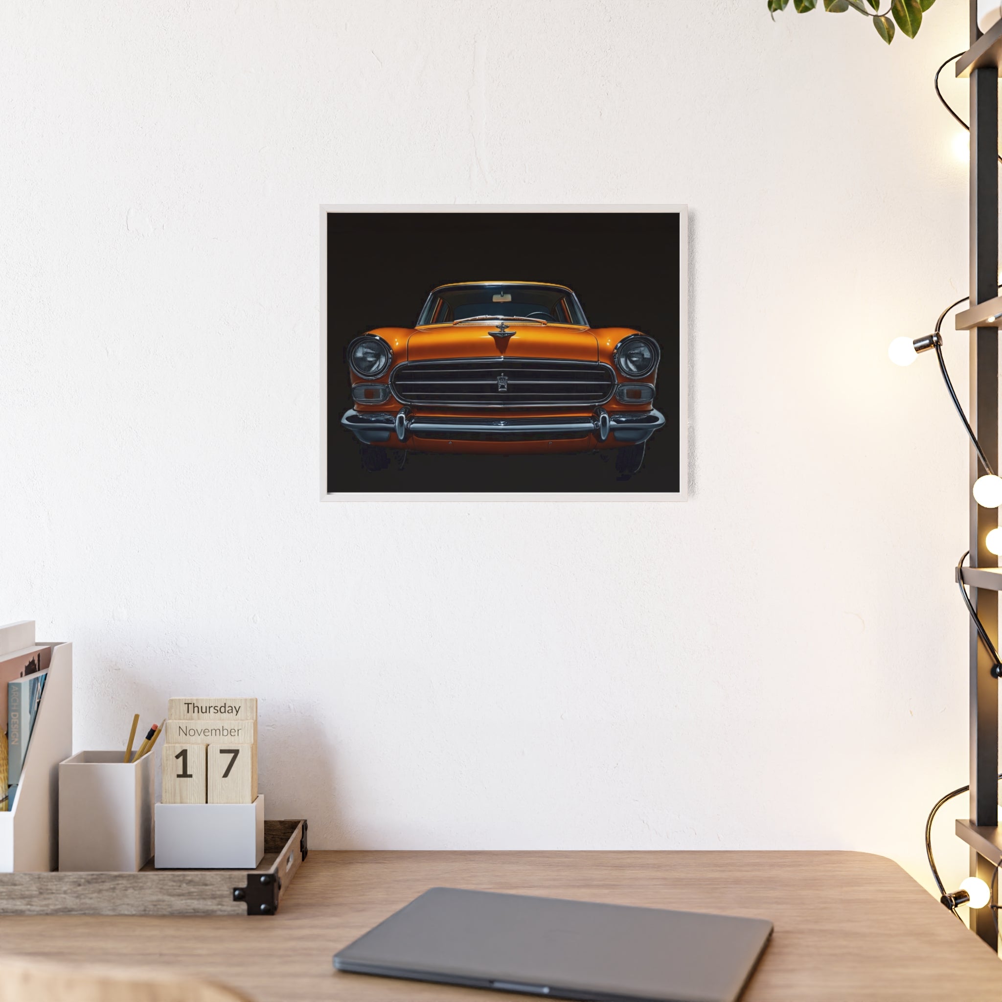 Classic Car Art Poster with Wooden Frame, Vintage Auto Decor, Gift for Car Lovers, Retro Wall Art, Home & Office Decoration