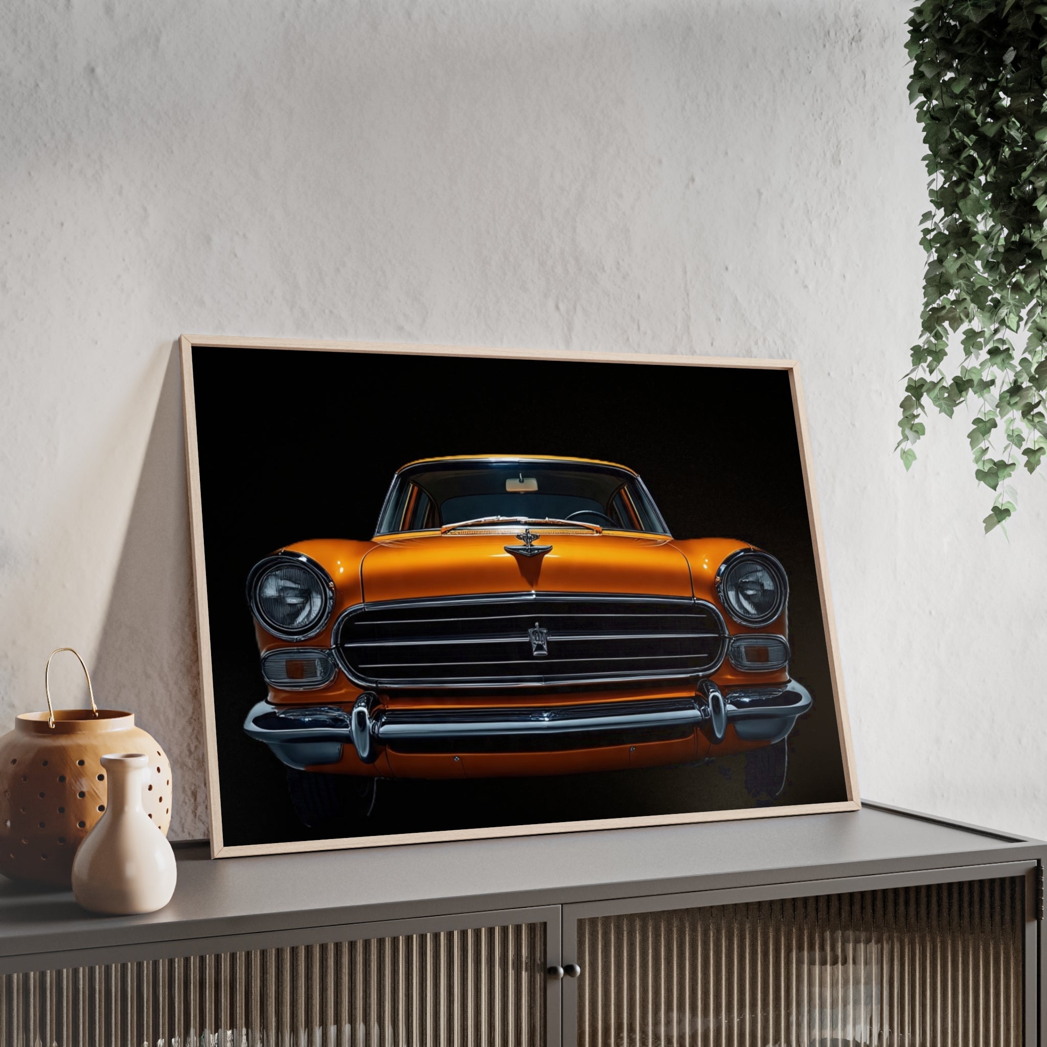 Classic Car Art Poster with Wooden Frame, Vintage Auto Decor, Gift for Car Lovers, Retro Wall Art, Home & Office Decoration