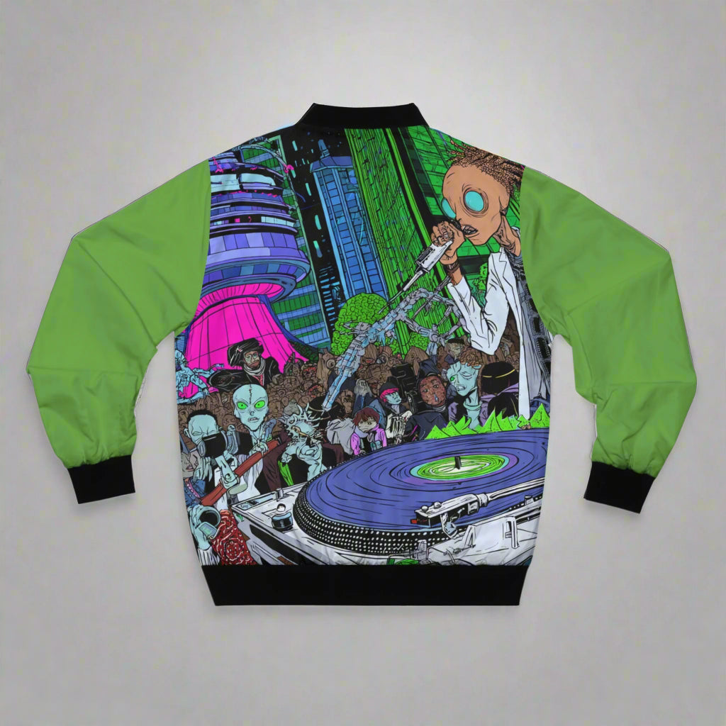 Alien DJ Men's Bomber Jacket, Urban Fashion, Statement Piece, Gift for Music Lovers, Vibrant AOP Design, Streetwear