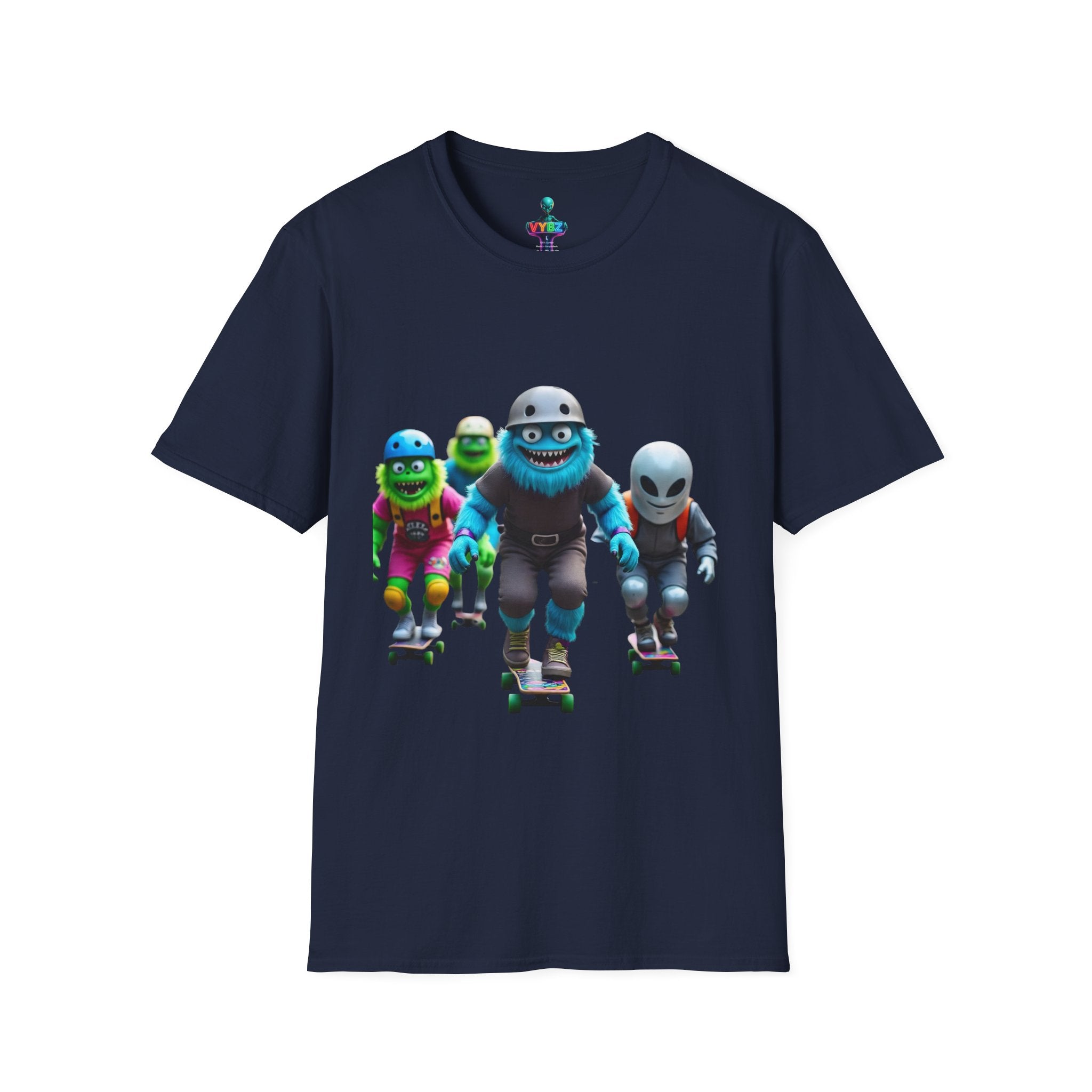 VYBZ Playful Cartoon Retro Skater T-Shirt, Fun Streetwear, Unisex Tee for Kids and Adults, Summer Outfits, Gift for Skateboarding Enthusiasts