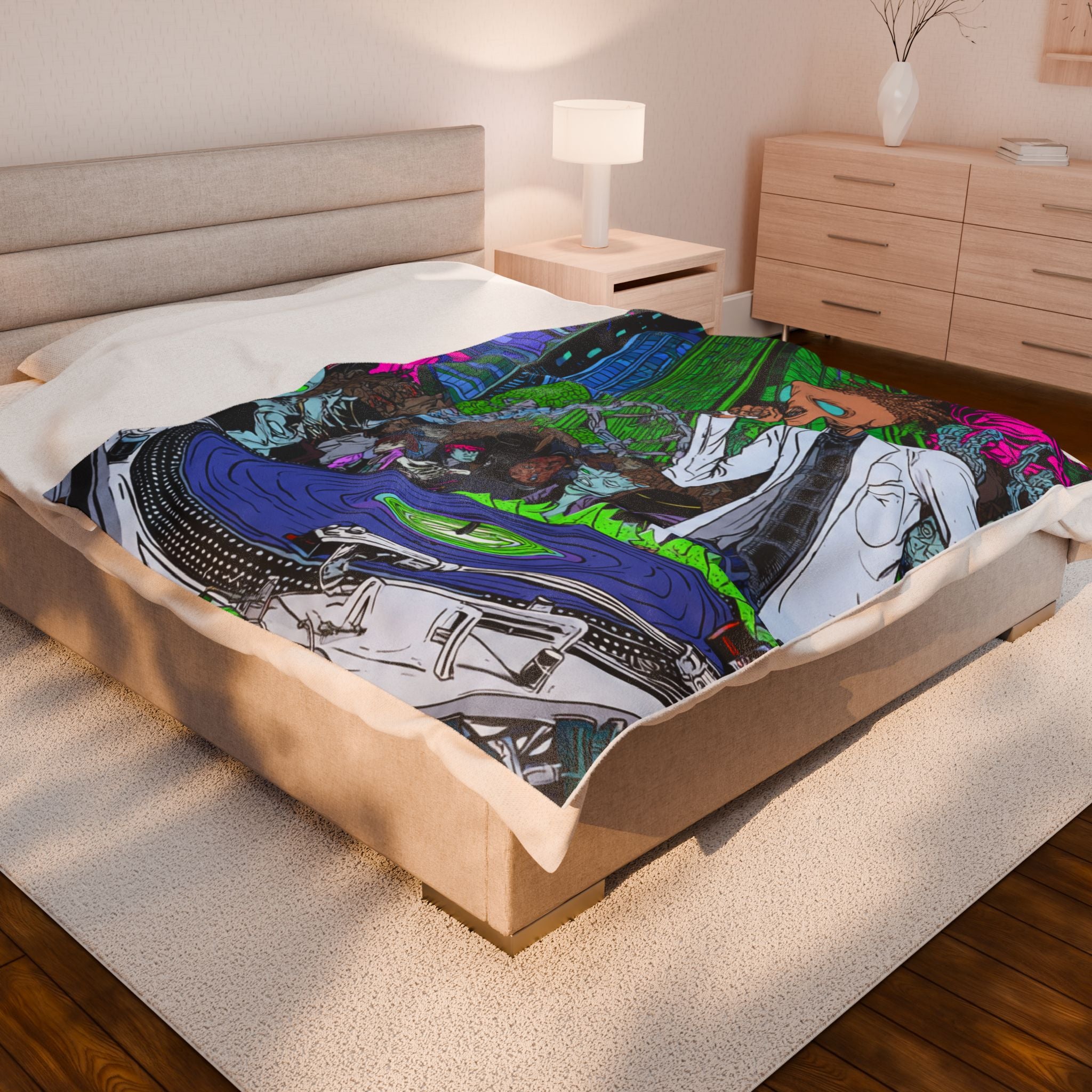Urban Alien DJ Nightlife Velveteen Blanket | Cozy Home Decor, Music Lover Gift, Festival Vibes, Lounge Essential, Unique Wall Art