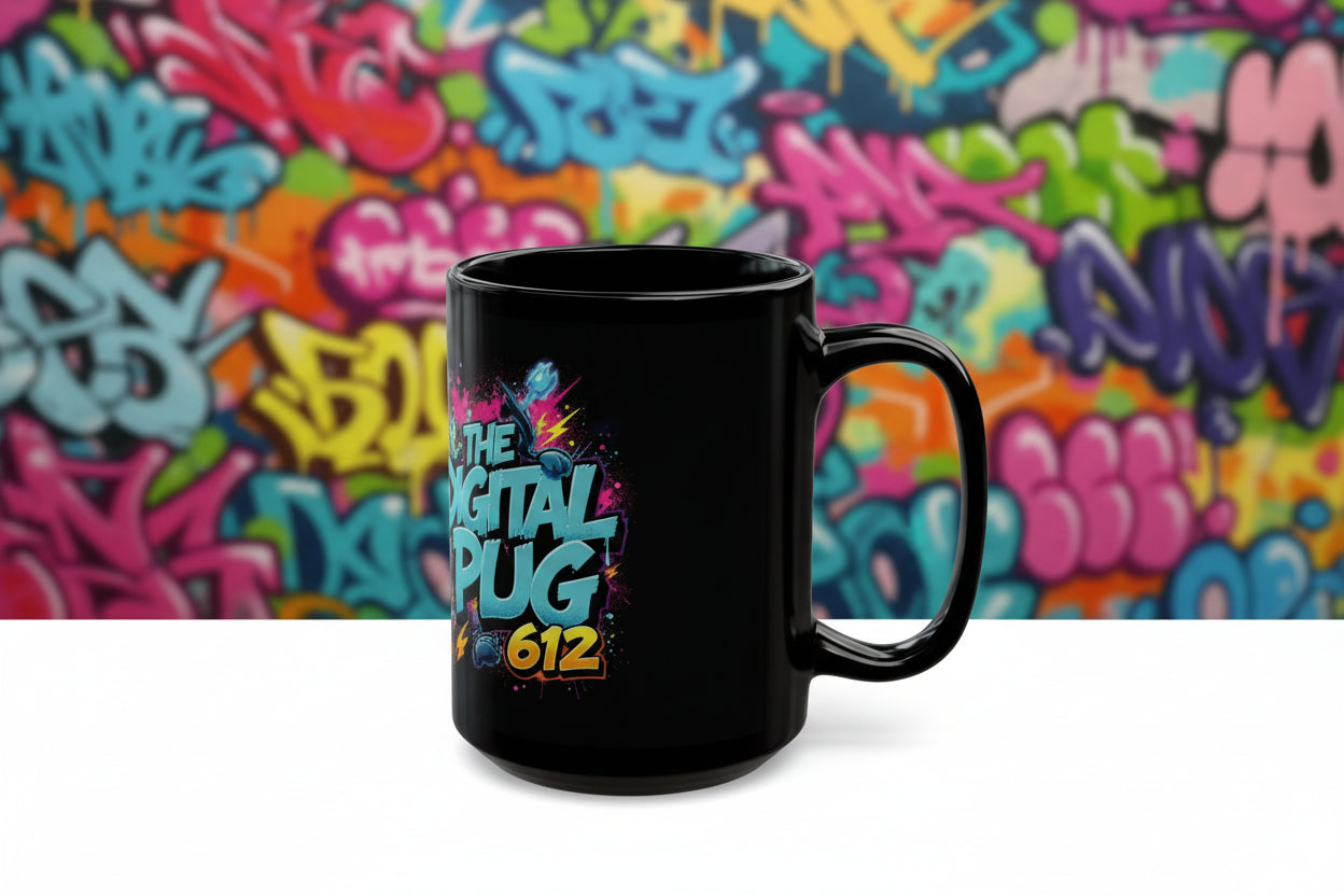 Digital Plug 612 Black Mug — Neon Gamer Logo Coffee Cup (11oz/15oz)