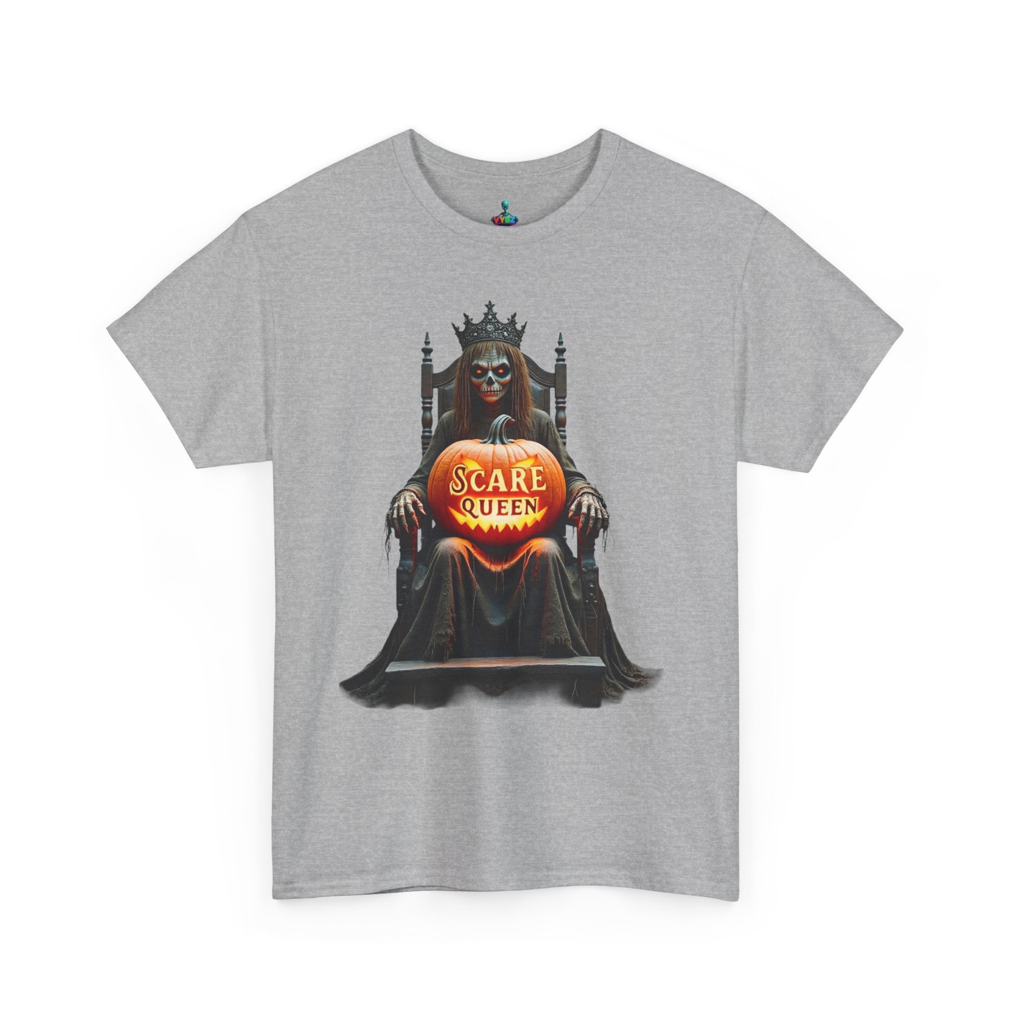 VYBZ Scare Queen Unisex Heavy Cotton Tee, Halloween T-Shirt, Horror Movie Fan Apparel, Gothic Fashion, Spooky Gift