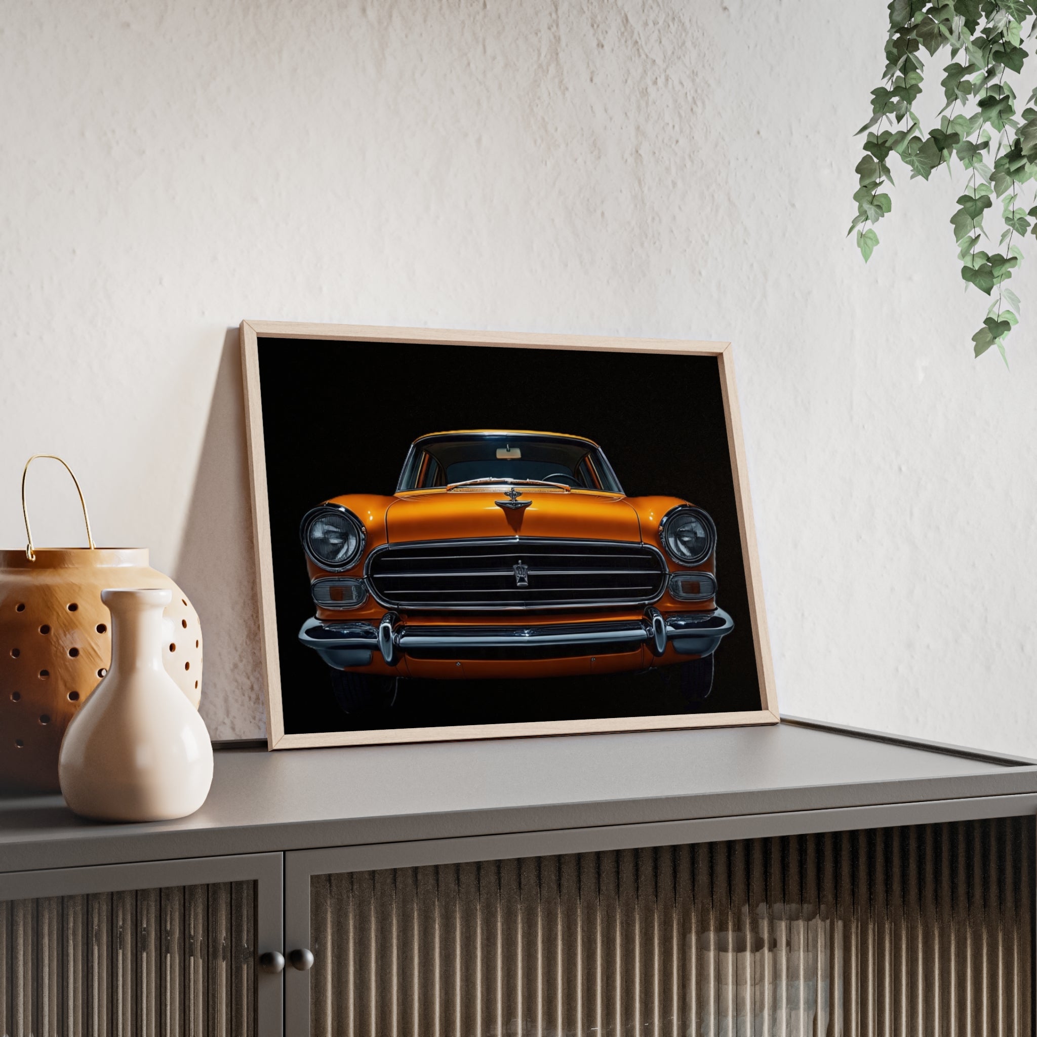 Classic Car Art Poster with Wooden Frame, Vintage Auto Decor, Gift for Car Lovers, Retro Wall Art, Home & Office Decoration