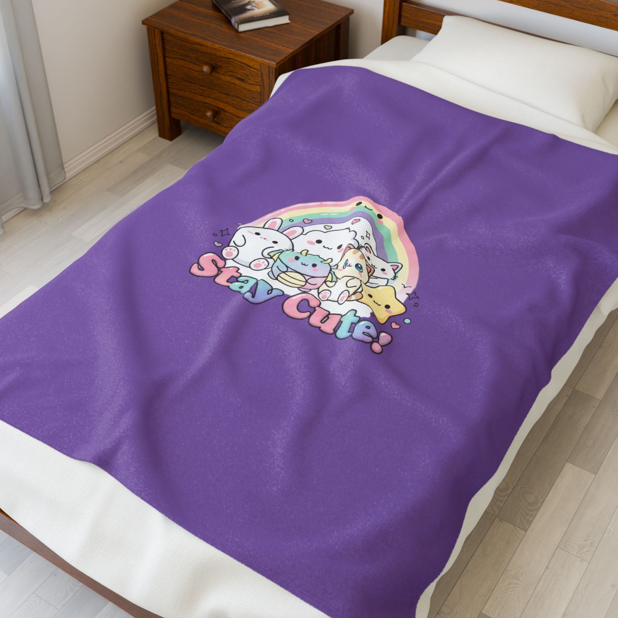 Stay Cute! Pastel Kawaii Rainbow Velveteen Plush Blanket | Cutecore Kawaii Revival