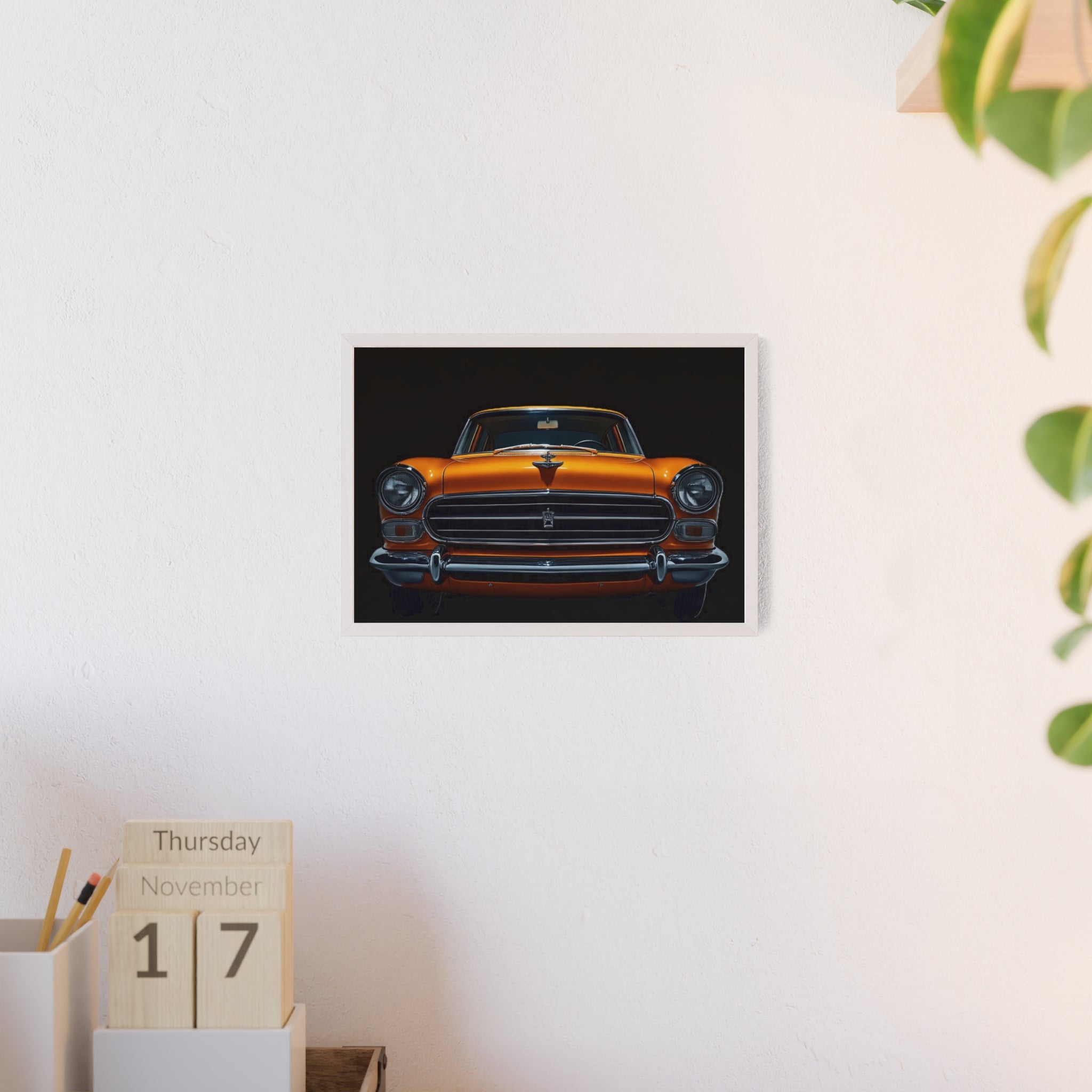 Classic Car Art Poster with Wooden Frame, Vintage Auto Decor, Gift for Car Lovers, Retro Wall Art, Home & Office Decoration