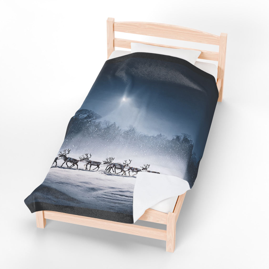 Santa Sleigh Velveteen Plush Blanket — Festive Reindeer Christmas Throw