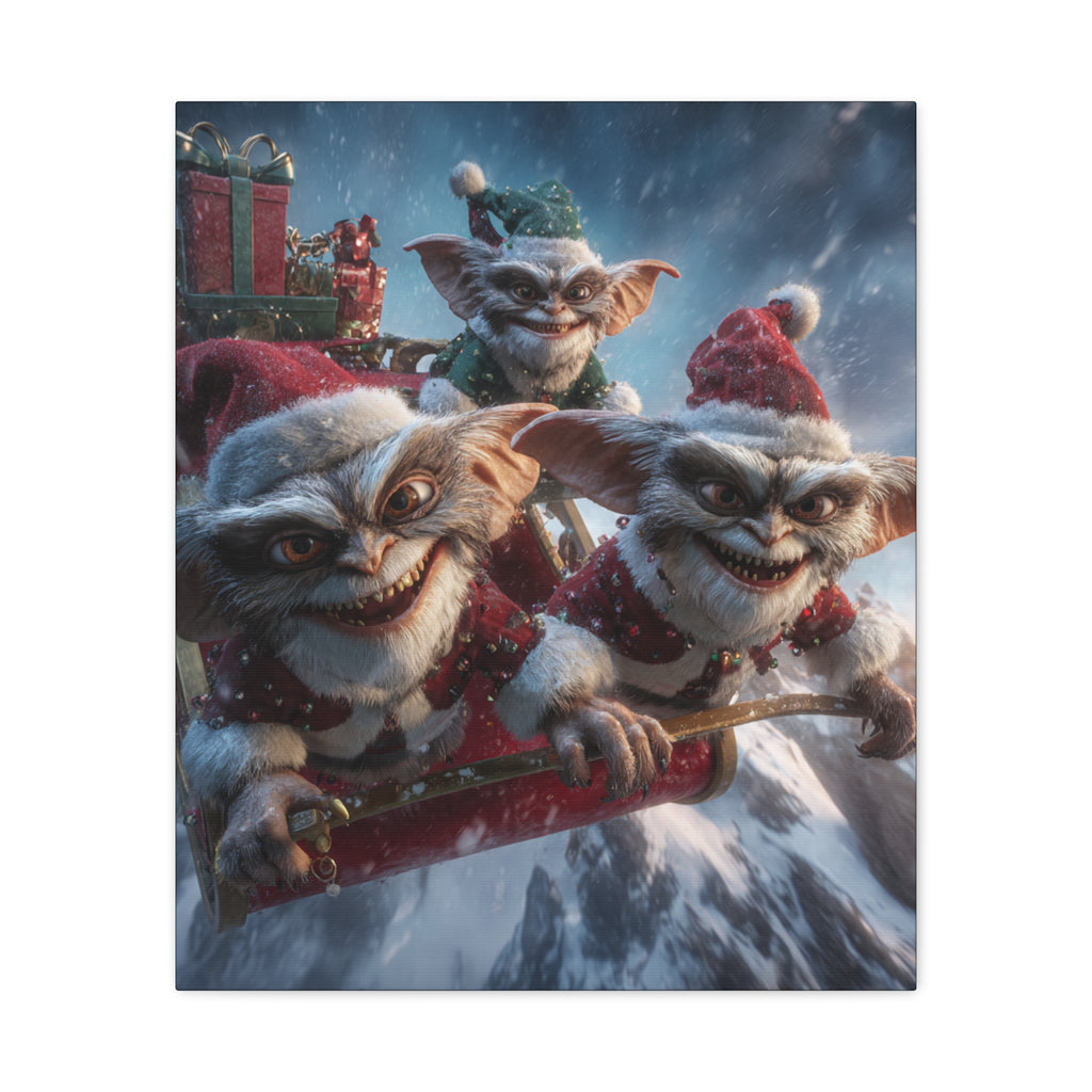 Holiday Gremlin Canvas Print — Festive Mischievous Gremlins in Sleigh