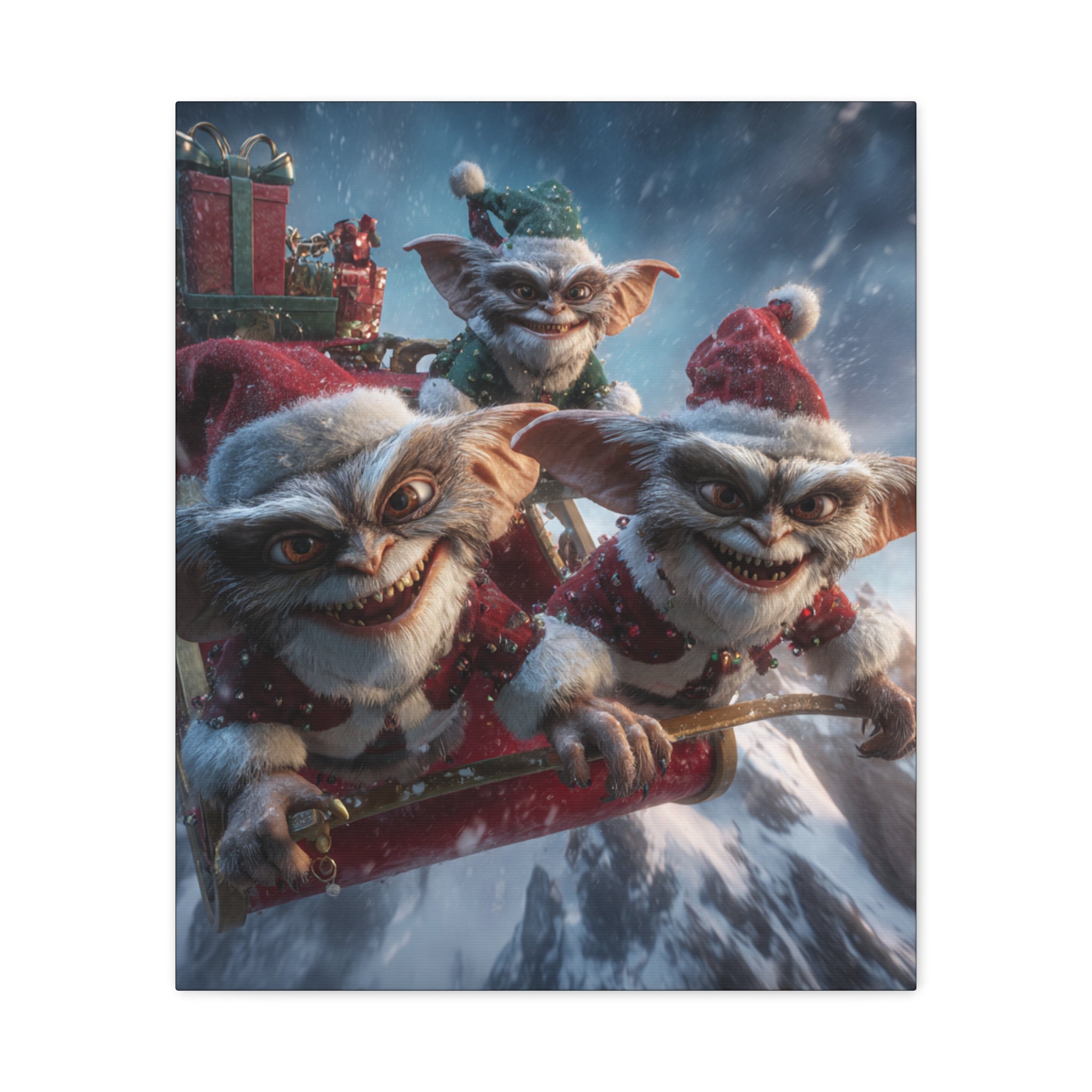 Holiday Gremlin Canvas Print — Festive Mischievous Gremlins in Sleigh