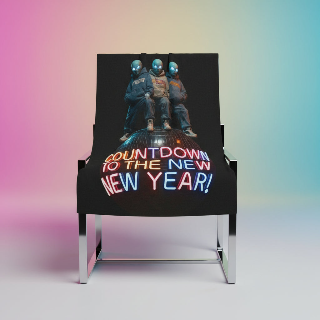 Blanket with three figures sitting on a disco ball and 'Countdown to the New Year!' text.
