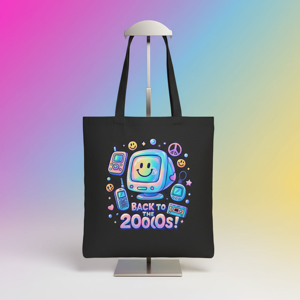 Black tote bag with retro-themed design and 'Back to the 2000s!' text on a white background