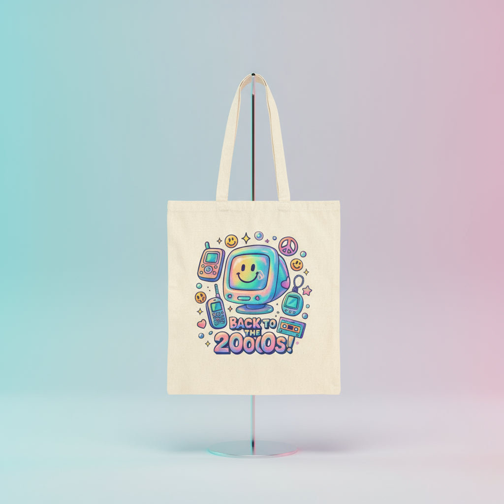 Tote bag with retro design featuring a smiley face and text 'Back to the 2000s!' on a white background