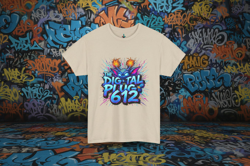 Beige t-shirt with colorful graphic design and text on a white background