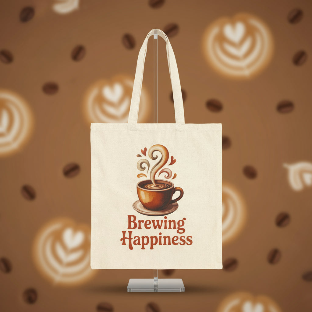 Tote bag with a coffee cup design and 'Brewing Happiness' text on a white background