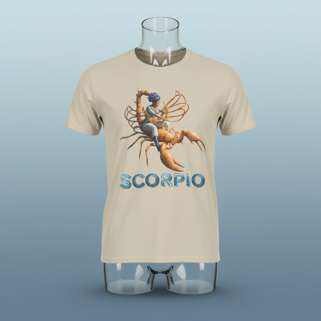 Beige t-shirt with Scorpio zodiac design on a shades of blue background